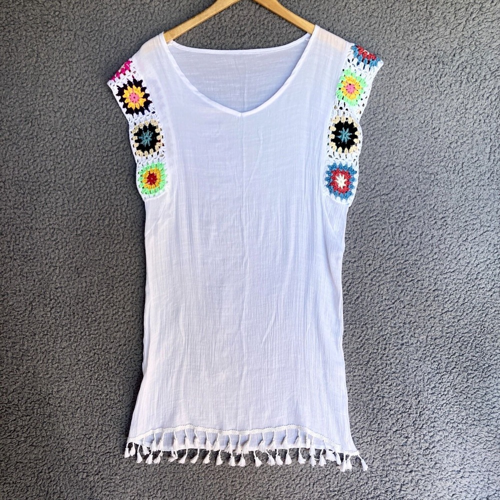 Swim Cover Up‎ Womens S Handmade Granny Square Knit Tassels Beachy Mini Dress